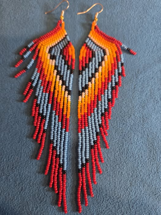 Orange, red, blue, black, and gray handmade beaded fringe earrings
