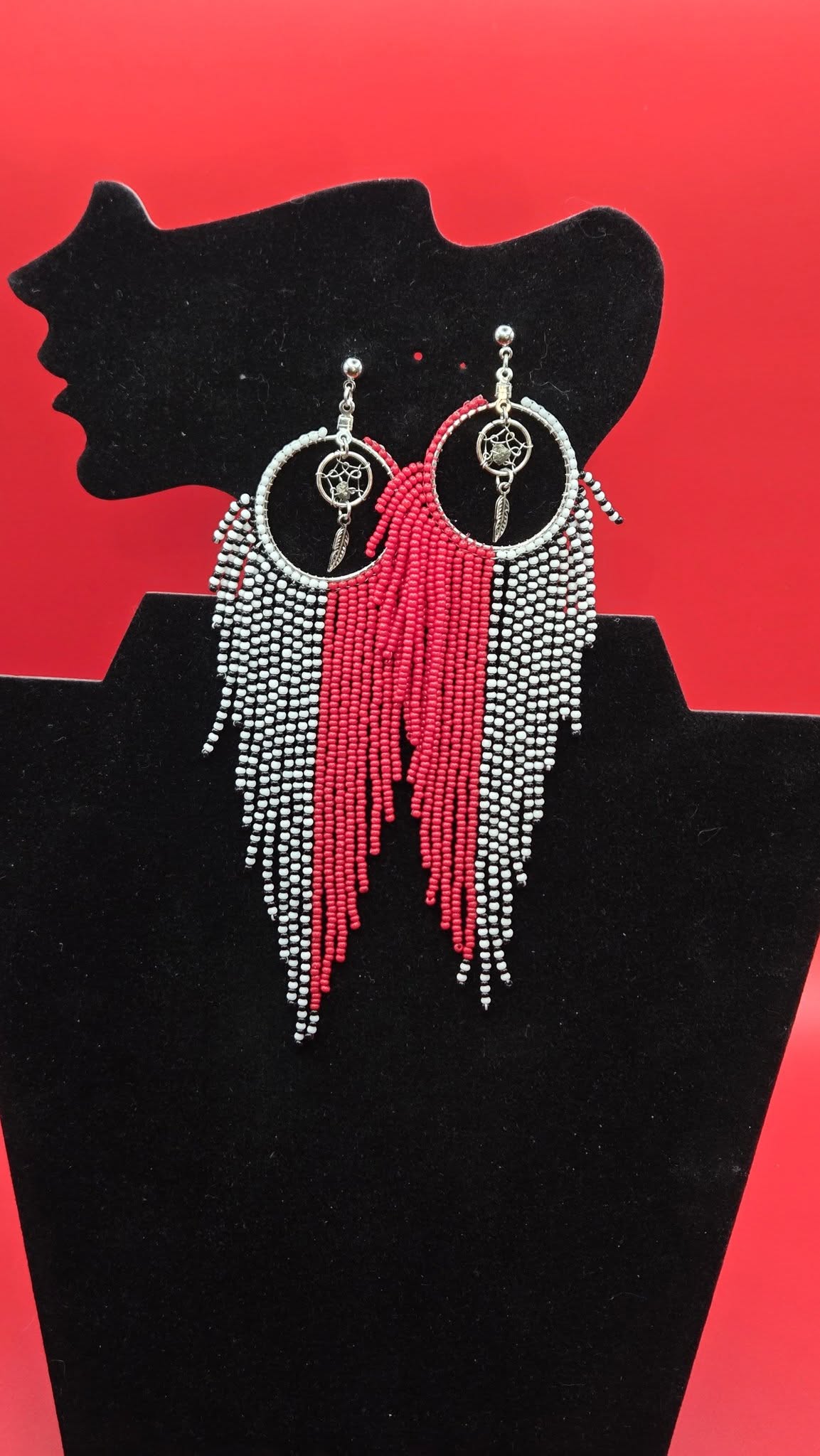 Red, white, and silver dreamcatcher style handmade beaded hoop earrings