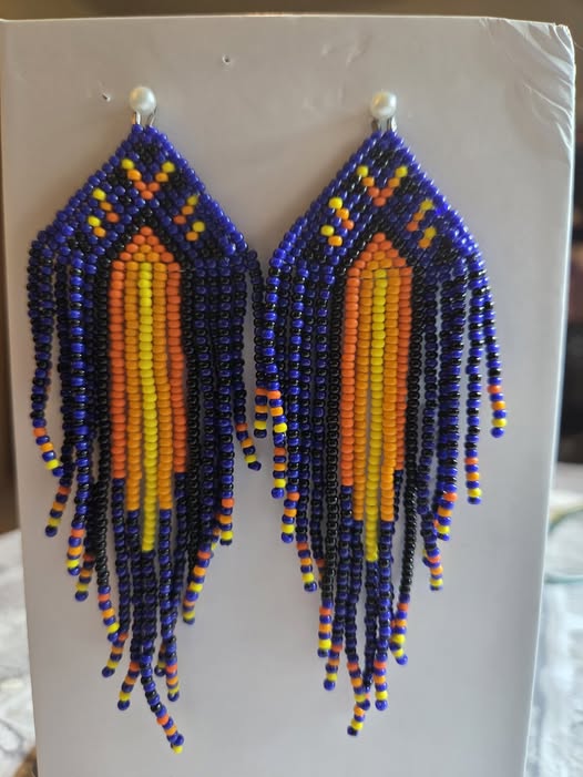 Purple, orange, yellow, and black handmade beaded earrings