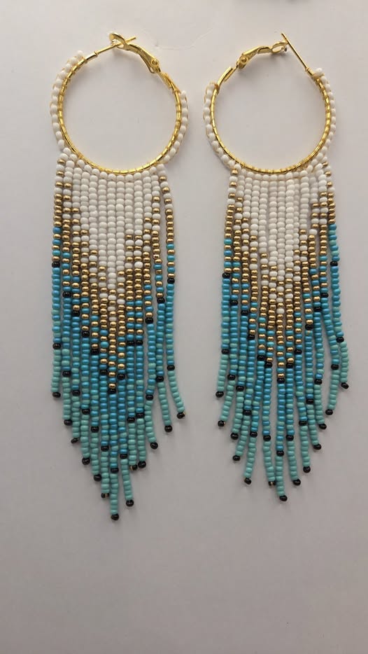 Turquoise, white, and gold handmade hoop fringe earrings