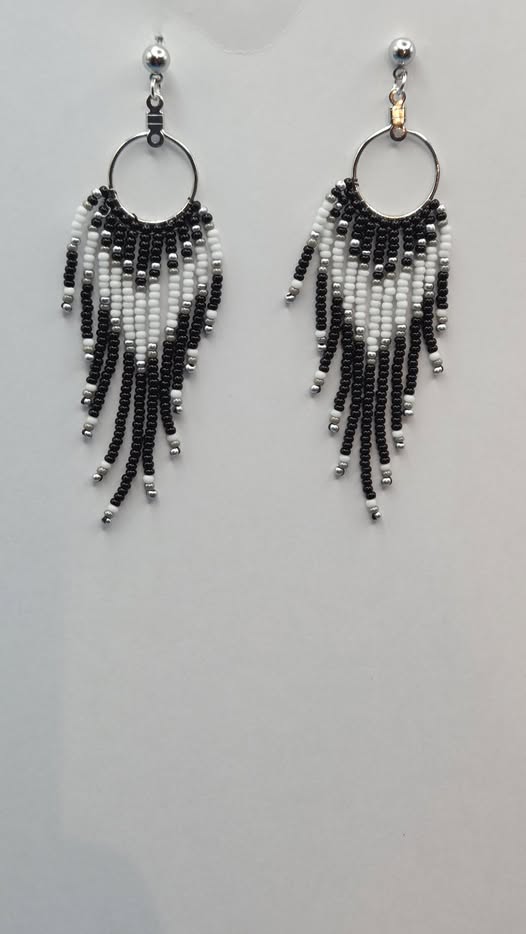 Black, white, and silver handmade beaded hoop fringe earrings