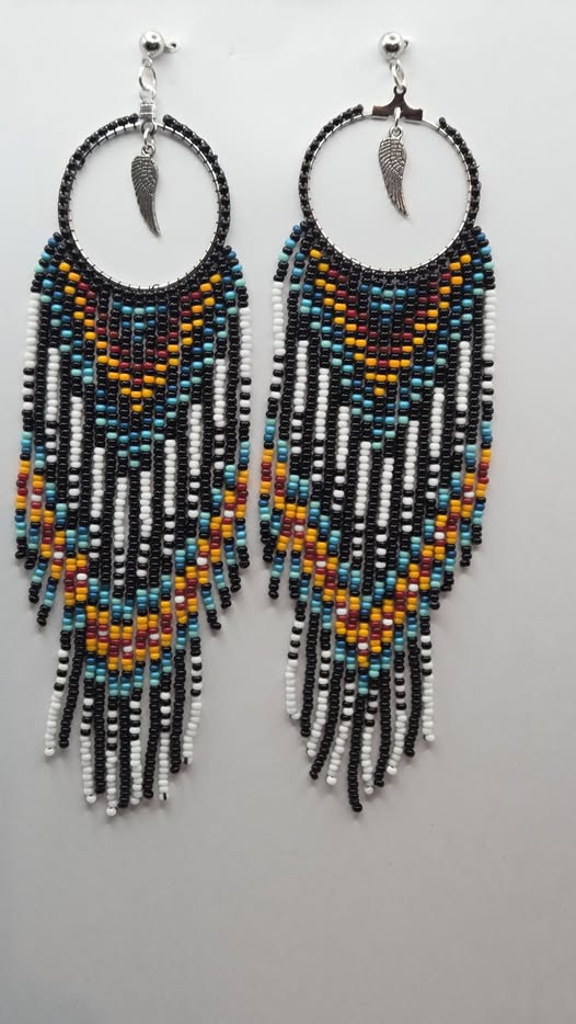 Multicolor black, white, turquoise, yellow, and red handmade hoop earrings