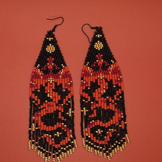 Red, black, and gold handmade beaded earrings