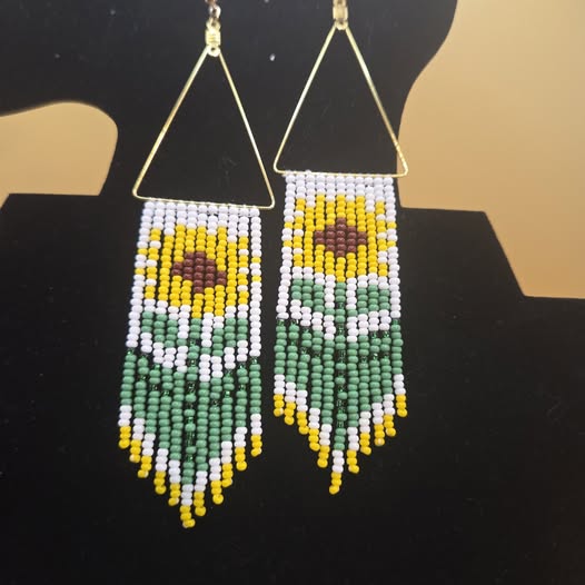 Sunflower triangle handmade beaded earrings with green fringe