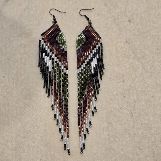 Bronze, green, black, and white handmade beaded chevron fringe earrings