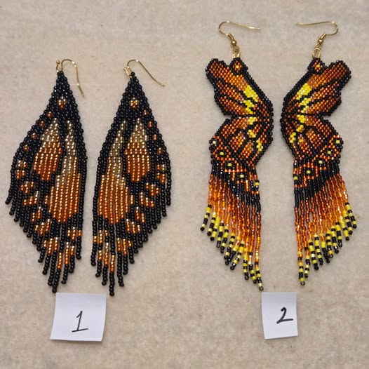 Two pairs of monarch butterfly inspired handmade beaded earrings