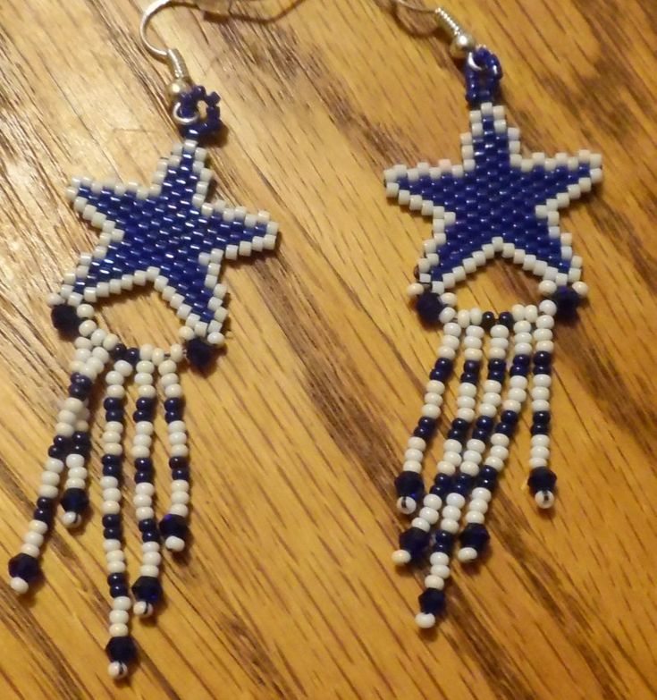 Blue star handmade beaded fringe earrings