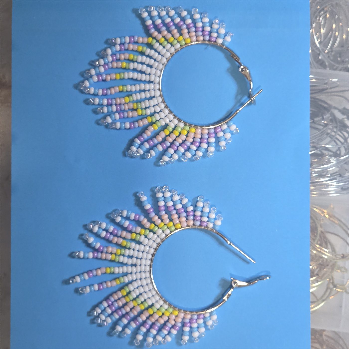 Pastel rainbow handmade beaded hoop earrings