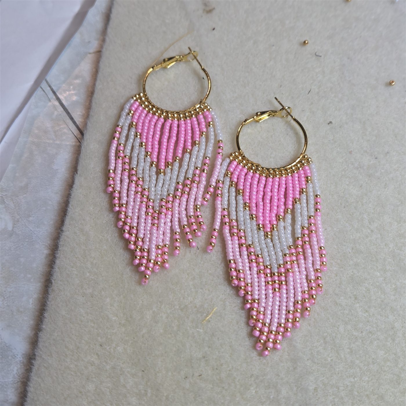Pink and white handmade beaded chevron hoop earrings